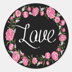 Floral Love Pink Peony Flower Black Wedding Classic Round Sticker
