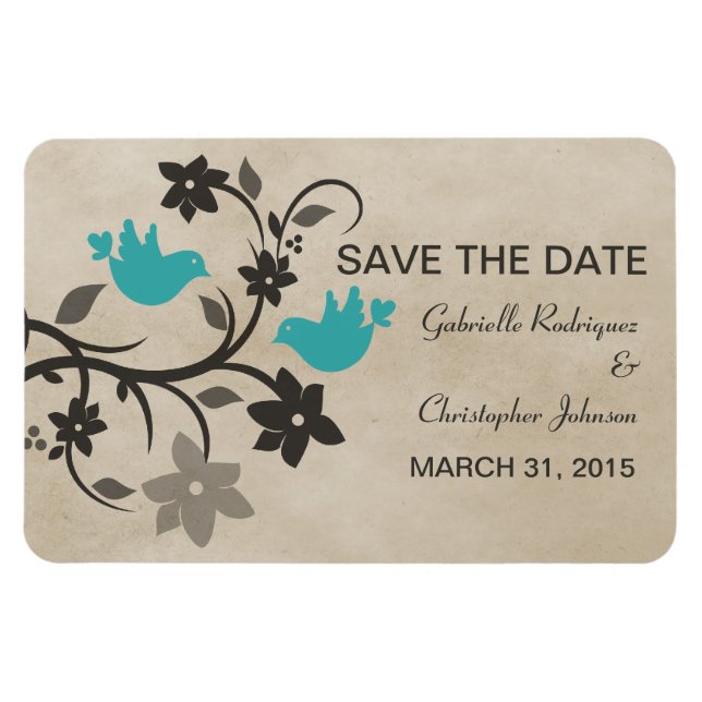 Floral Lovebirds Save the Date Magnet, Aqua Magnet (Horizontal)