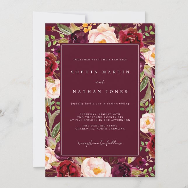 Floral Lush Burgundy Watercolor Wedding Invitation (Front)