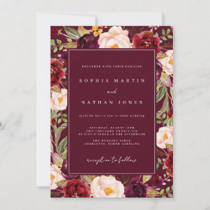 Floral Lush Burgundy Watercolor Wedding Invitation