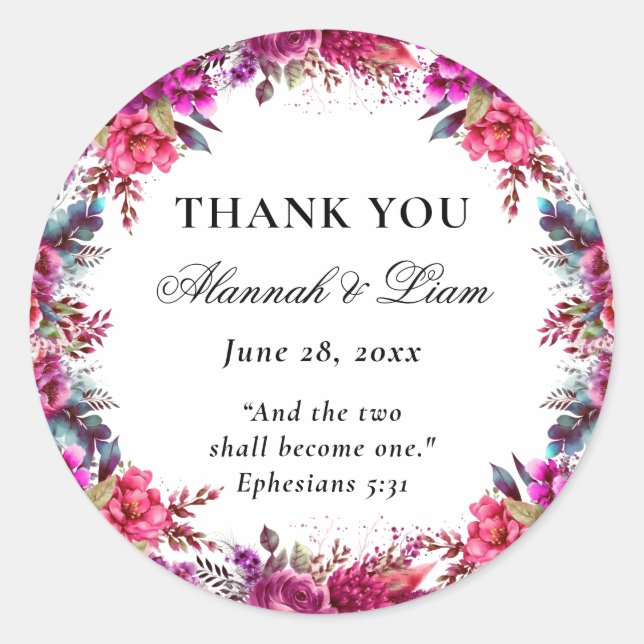 Floral Magenta Bible Verse Catholic Wedding Favour Classic Round Sticker (Front)