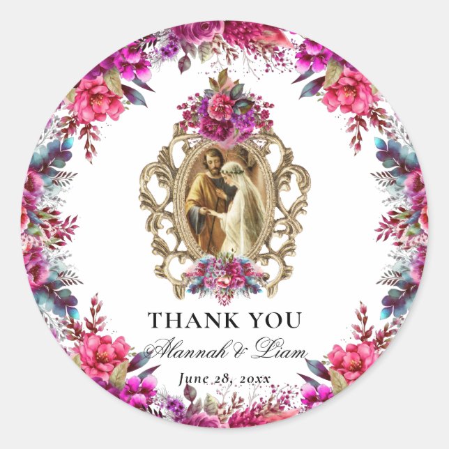 Floral Magenta Catholic Wedding Thank You Card Classic Round Sticker (Front)