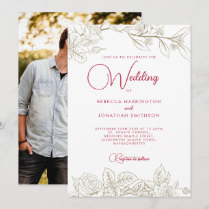 Floral Magenta Pink Gold Photo Wedding Invitation