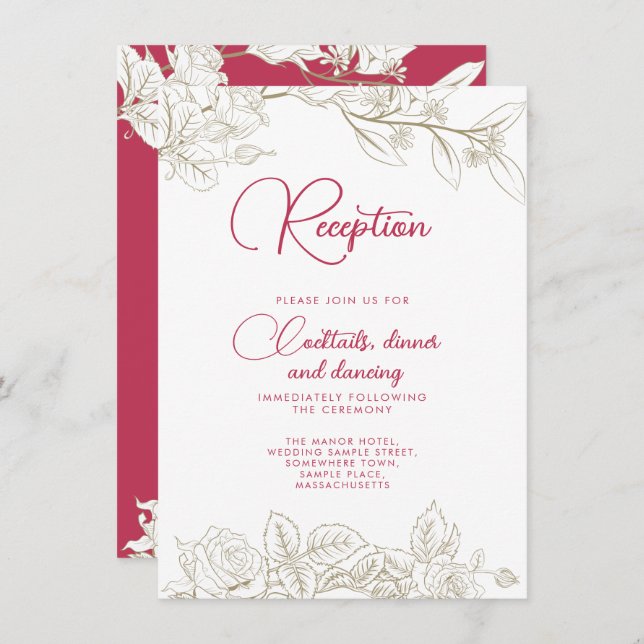 Floral Magenta Pink Gold Wedding Reception Card (Front/Back)