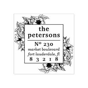 Floral Magnolia Border Family Name Return Address Rubber Stamp