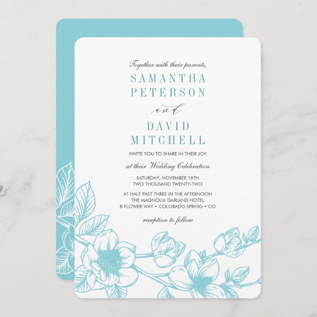 Floral Magnolia Branch | Pale Blue | Wedding Invitation (Front/Back)
