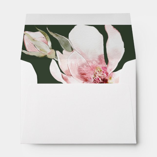 Floral Magnolia Green Blush Return Address Wedding Envelope (Back (Bottom))