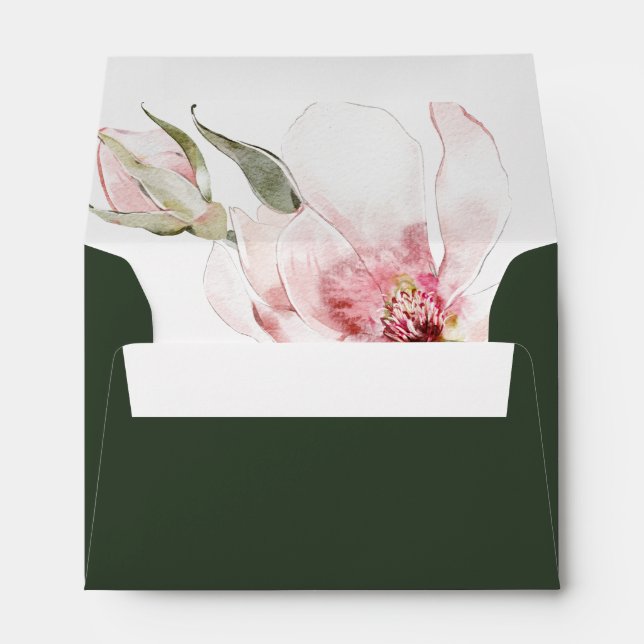 Floral Magnolia Green Rose Return Address Wedding Envelope (Back (Bottom))