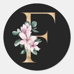 Floral magnolia monogram in gold letter F Classic Round Sticker
