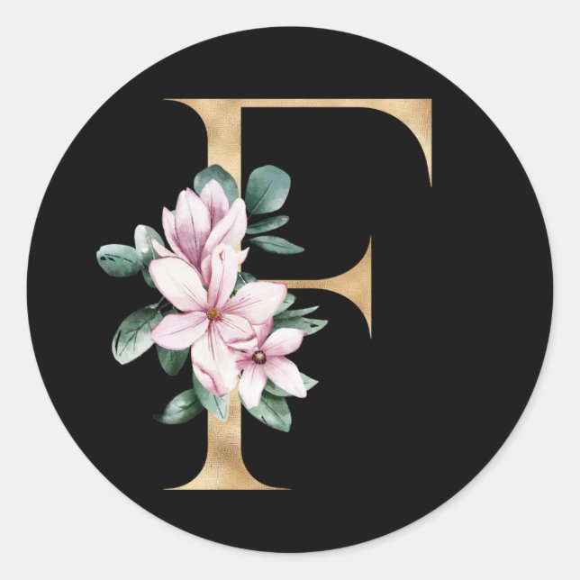 Floral magnolia monogram in gold letter F Classic Round Sticker (Front)