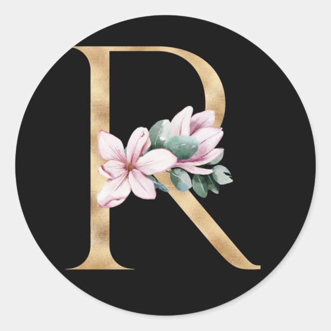 Floral magnolia monogram in gold letter R Classic Round Sticker (Front)