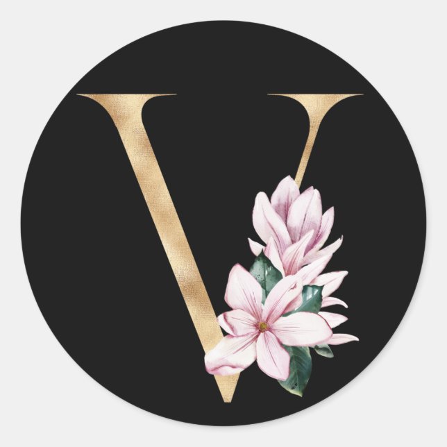 Floral magnolia monogram in gold letter V Classic Round Sticker (Front)
