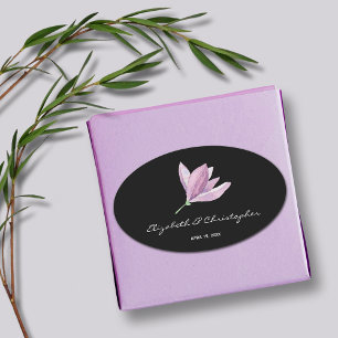 Floral Magnolia on Black Wedding Oval Sticker