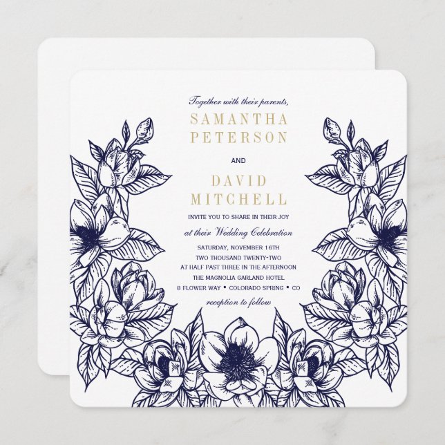 Floral Magnolia Wreath | Blue & Gold | Wedding Invitation (Front/Back)