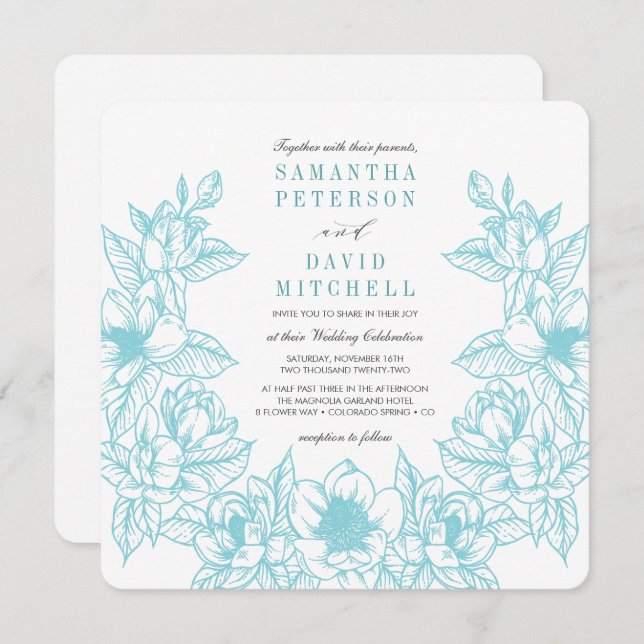 Floral Magnolia Wreath | Pale Blue | Wedding Invitation (Front/Back)