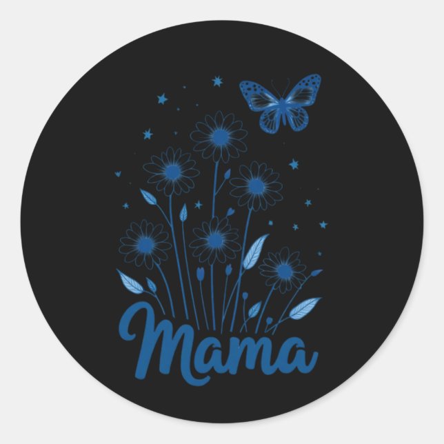 Floral Mama Script with Blue Butterfly Classic Round Sticker (Front)