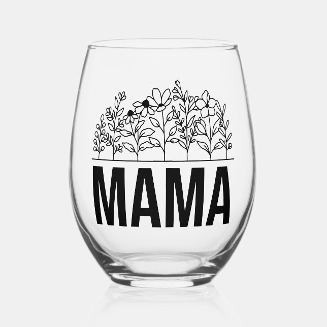 Floral "Mama"  Stemless Wine Glass (Front)