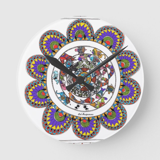 Floral mandal in Madhubani style Round Clock (Front)