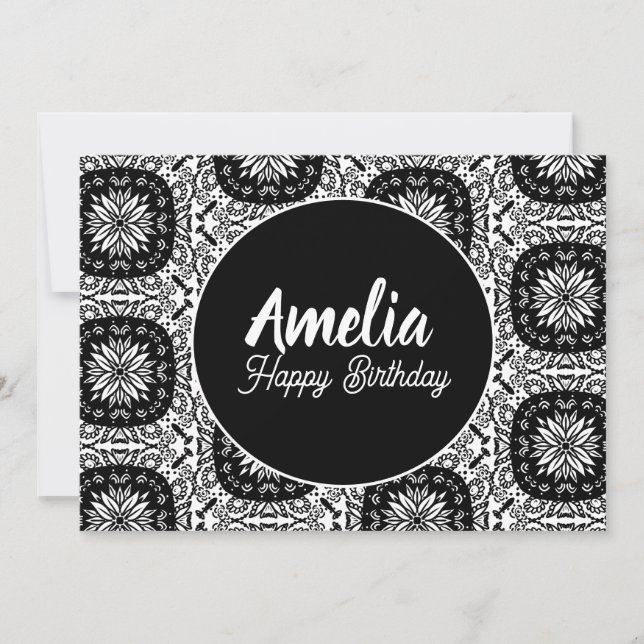 Floral Mandala Birthday Party Black White  Holiday Card (Front)
