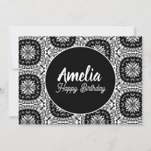 Floral Mandala Birthday Party Black White  Holiday Card