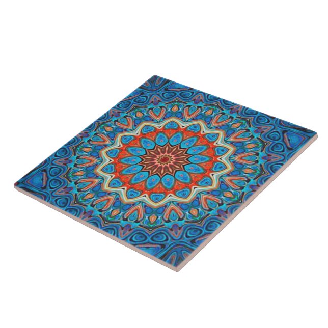 Floral Mandala Bohemien Blue Orange Elegant Ceramic Tile (Side)