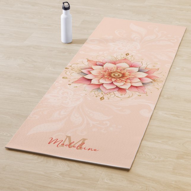 Floral Mandala Coral Pink Gold Chic Name Monogram Yoga Mat (In Situ)