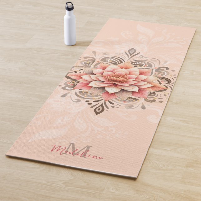 Floral Mandala Coral Pink Mocha Chic Name Monogram Yoga Mat (In Situ)