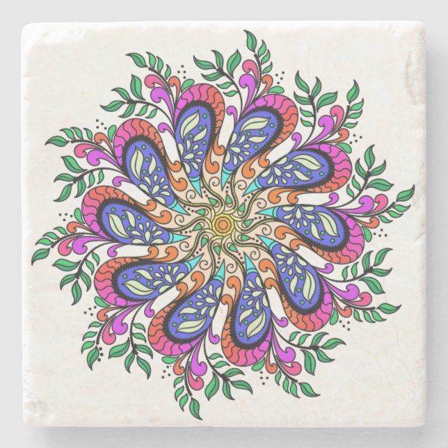 Floral Mandala Design in pretty blues and pinks Stone Coaster (Front)