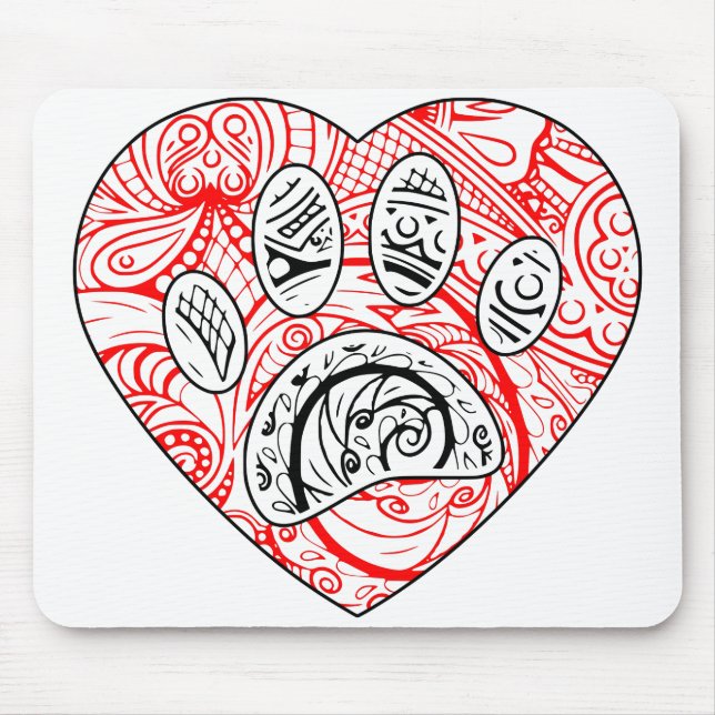 Floral Mandala Dog Paw Print Red Heart Mouse Pad (Front)
