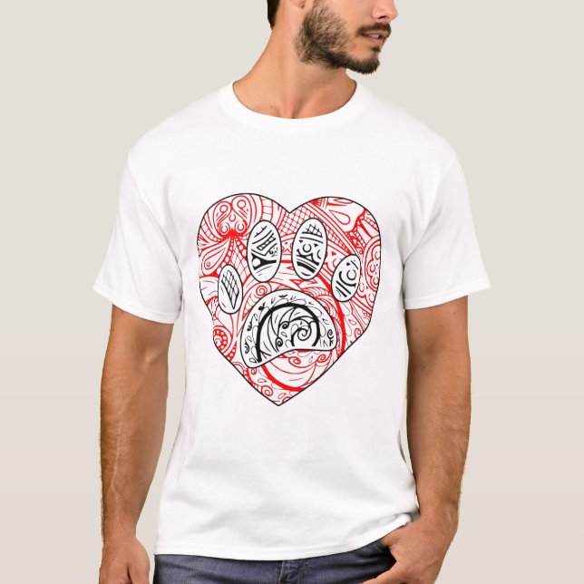 Floral Mandala Dog Paw Print Red Heart T-Shirt (Front)