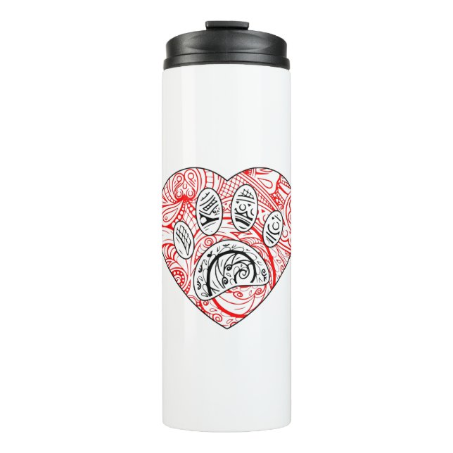 Floral Mandala Dog Paw Print Red Heart Thermal Tumbler (Front)