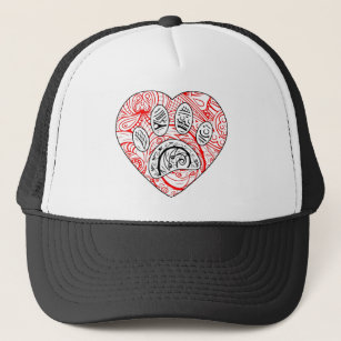 Floral Mandala Dog Paw Print Red Heart Trucker Hat