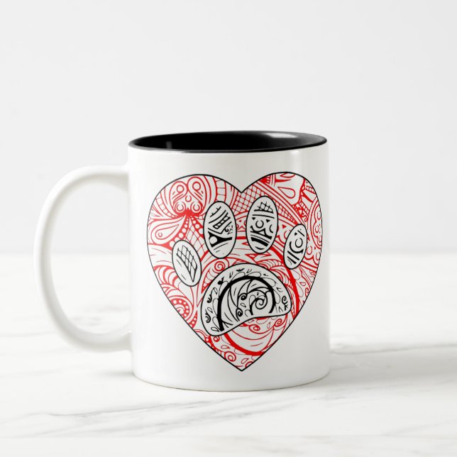 Floral Mandala Dog Paw Print Red Heart Two-Tone Coffee Mug (Left)