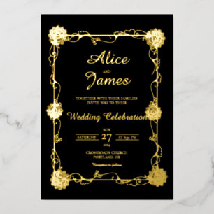Floral Mandala Elegant Black Gold Foil Wedding