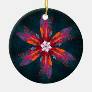 Floral Mandala Flowers Orange Red Blue Abstract Ceramic Ornament