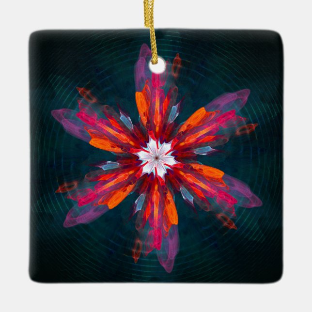 Floral Mandala Flowers Orange Red Blue Abstract Ceramic Ornament (Front)