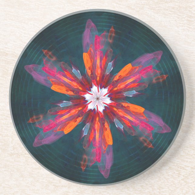 Floral Mandala Flowers Orange Red Blue Abstract Coaster (Front)