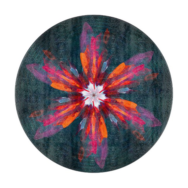 Floral Mandala Flowers Orange Red Blue Abstract Cutting Board (Front)