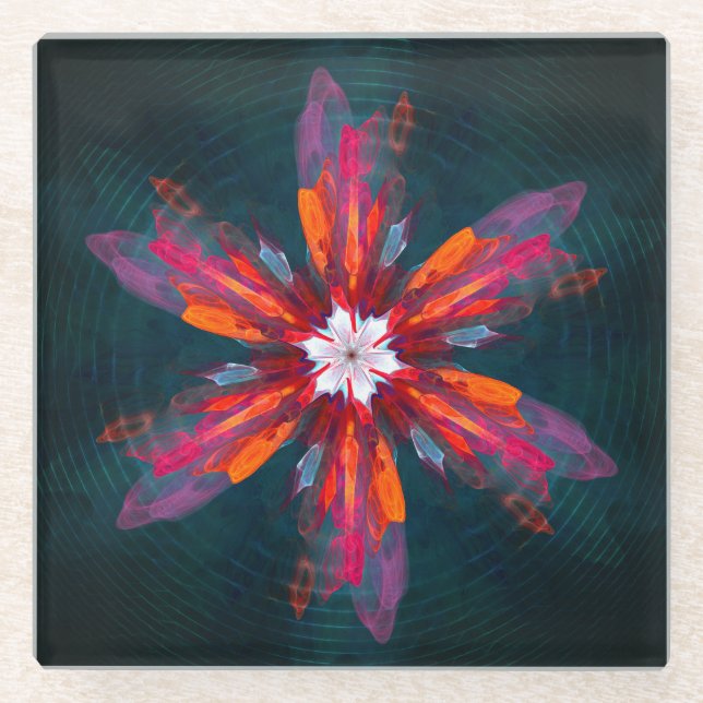 Floral Mandala Flowers Orange Red Blue Abstract Glass Coaster (Front)