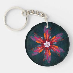 Floral Mandala Flowers Orange Red Blue Abstract Key Ring