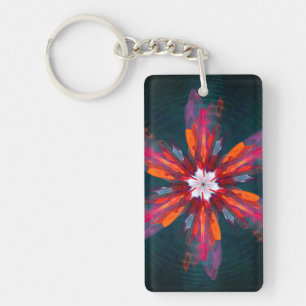 Floral Mandala Flowers Orange Red Blue Abstract Key Ring