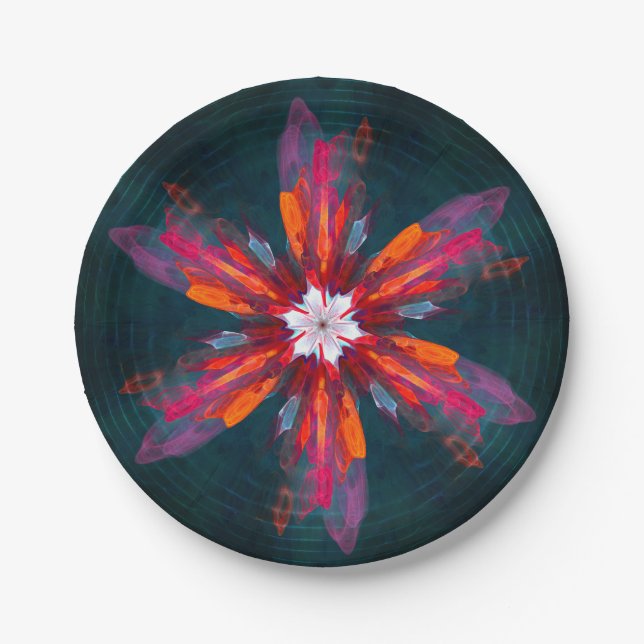 Floral Mandala Flowers Orange Red Blue Abstract Paper Plate (Front)