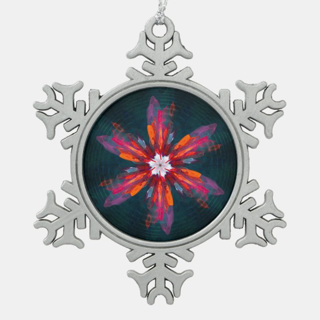 Floral Mandala Flowers Orange Red Blue Abstract Snowflake Pewter Christmas Ornament (Front)