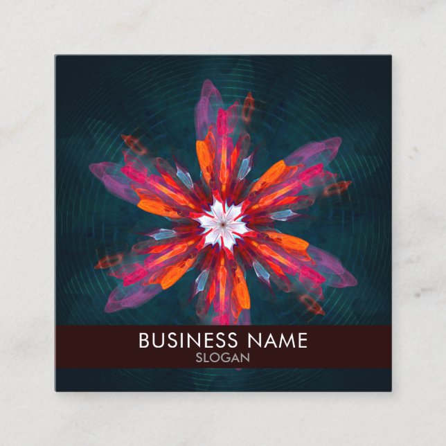 Floral Mandala Flowers Orange Red Blue Abstract Square Business Card (Front)
