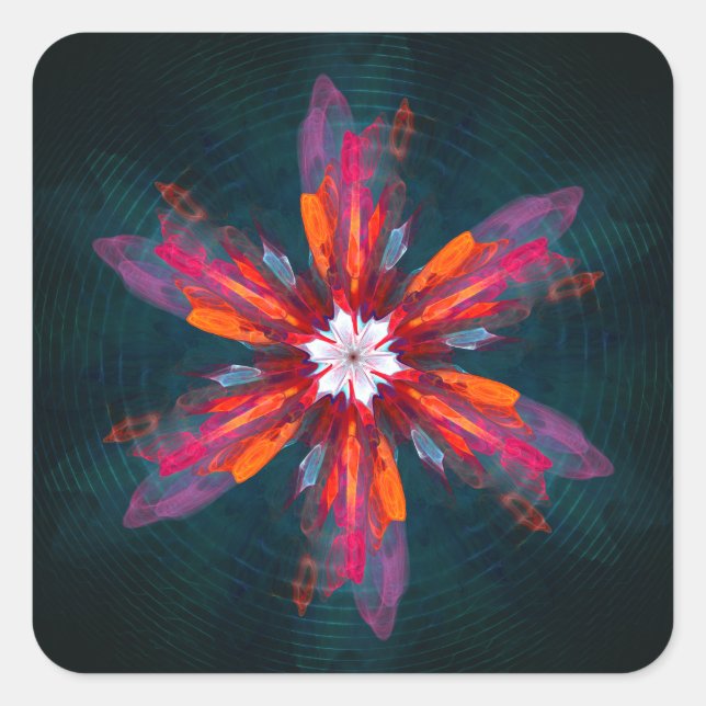 Floral Mandala Flowers Orange Red Blue Abstract Square Sticker (Front)