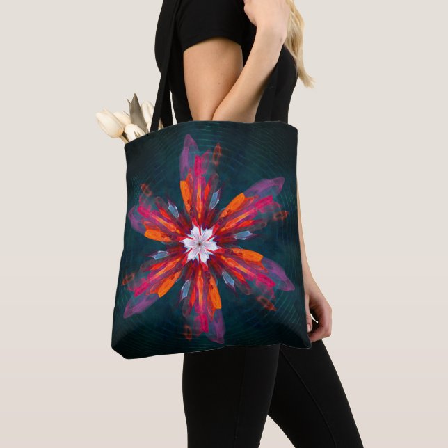 Floral Mandala Flowers Orange Red Blue Abstract Tote Bag (Close Up)