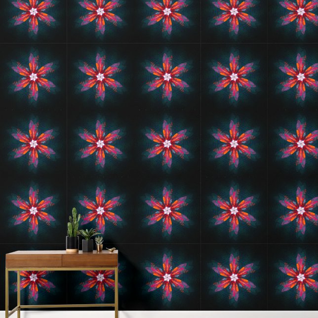 Floral Mandala Flowers Orange Red Blue Abstract Wallpaper (Hallway)