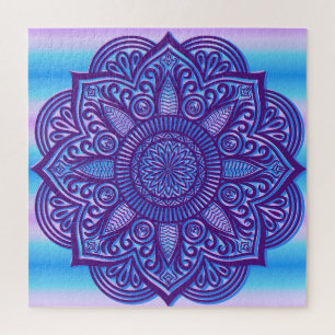 Floral Mandala Peace Colourful Purple Aqua Blue Jigsaw Puzzle