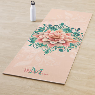 Floral Mandala Peach Pink Green Chic Name Monogram Yoga Mat