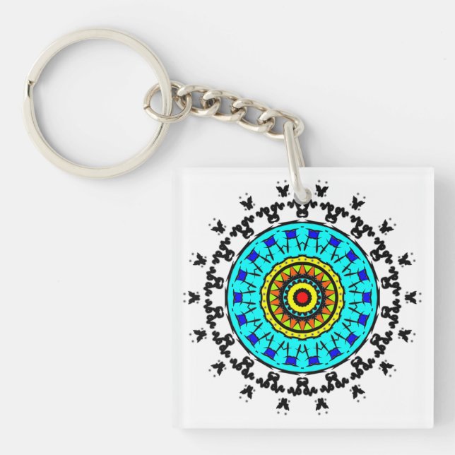 Floral Mandala Seamless Pattern Vivid Cyan Gold Key Ring (Front)